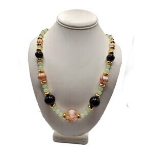 Vintage Chunky Mint Green Black Beaded Necklace, 22" long